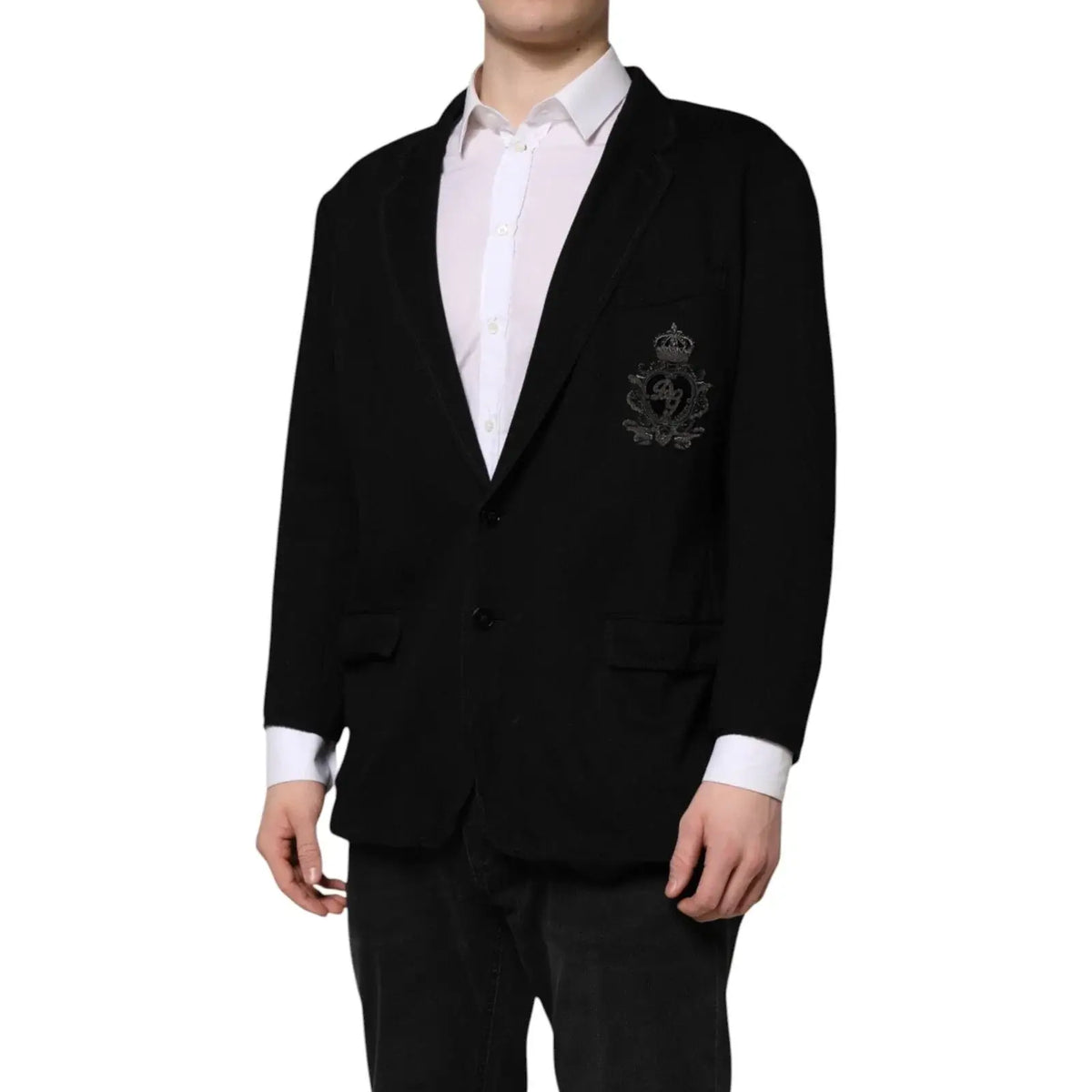 Dolce & gabbana blazer noir en viscose avec un blason brodé discret sur la poitrine gauche