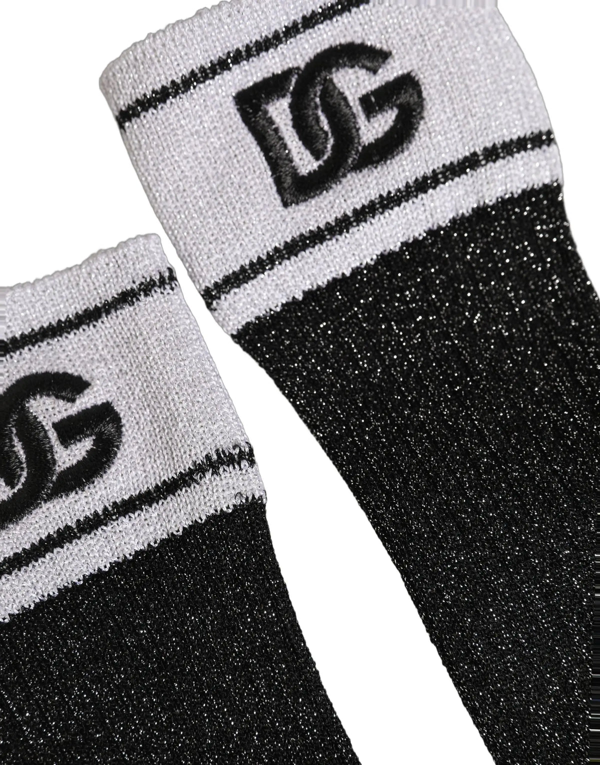 Chaussettes montantes noires en viscose dolce gabbana avec paillettes argentées et logo dg audacieux sur le revers