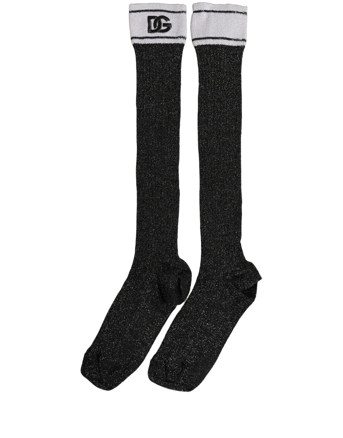 Dolce & gabbana chaussettes montantes noires pailletées en viscose avec bord côte blanc et logo dg noir