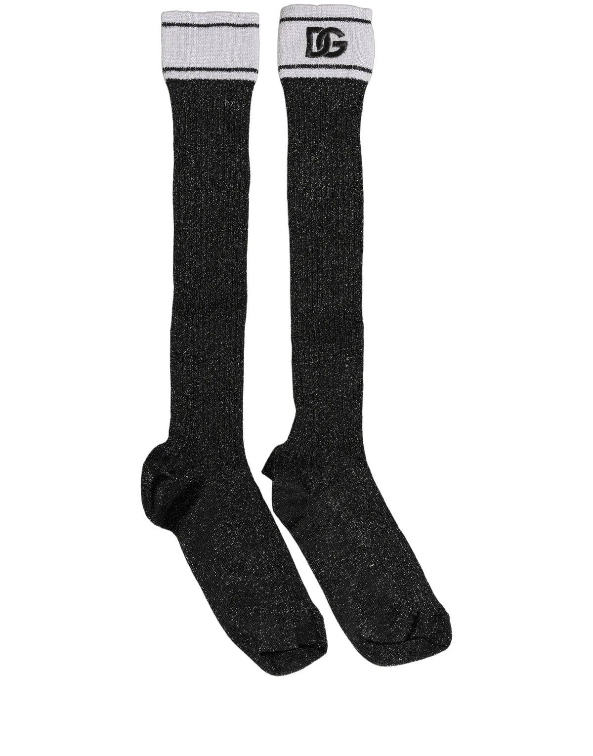 Chaussettes longues dolce & gabbana noires en viscose pailletée avec bord côtes blanc et logo dc noir