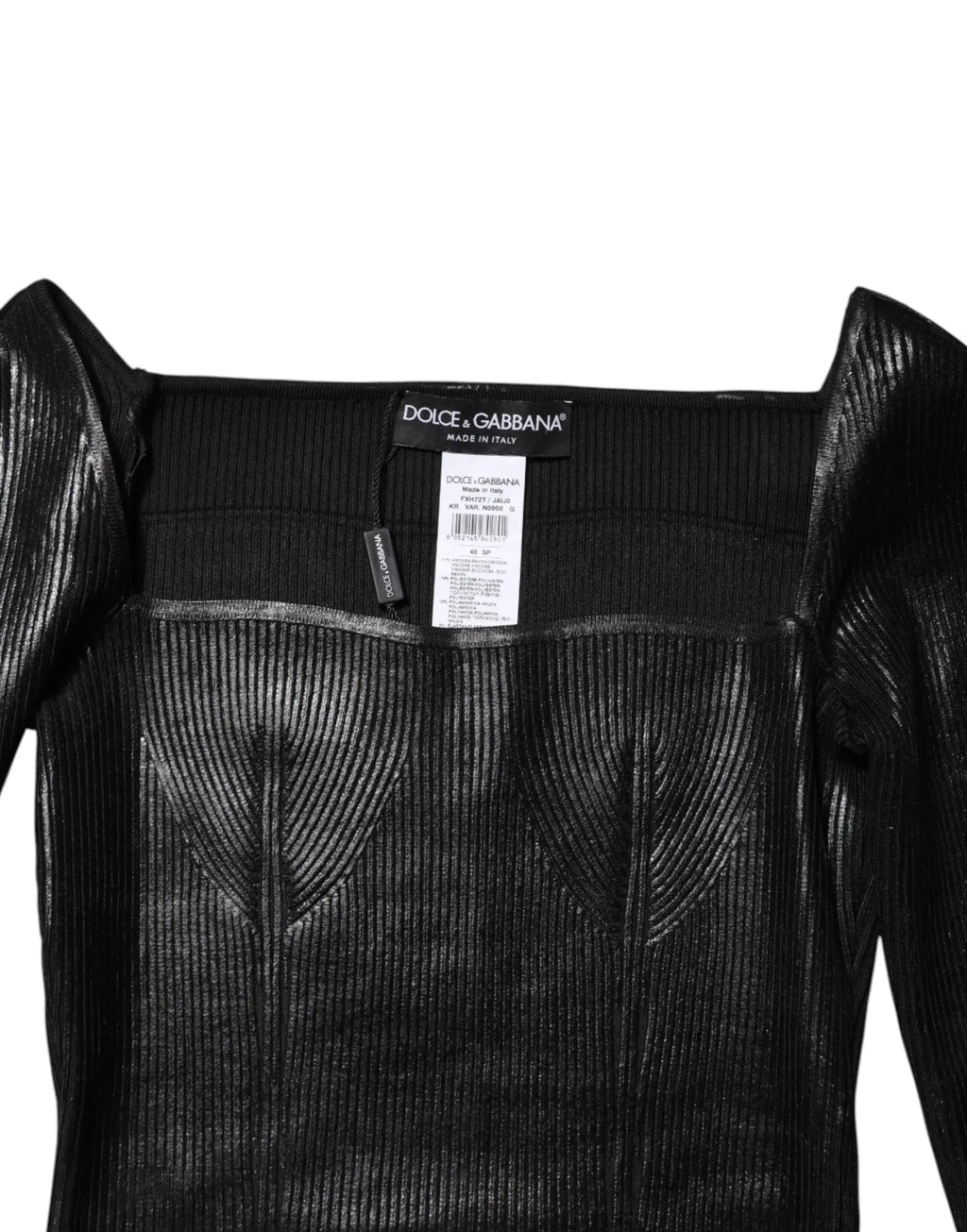 Blouse noire dolce & gabbana en viscose à manches longues avec un design côtelé structuré et ajusté