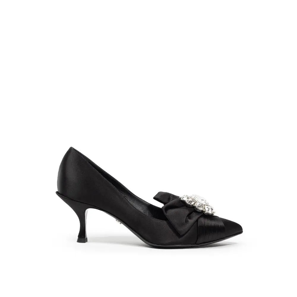 Dolce & gabbana black viscose pumps with black satin finish and sparkling crystal-embellished bow at the toe