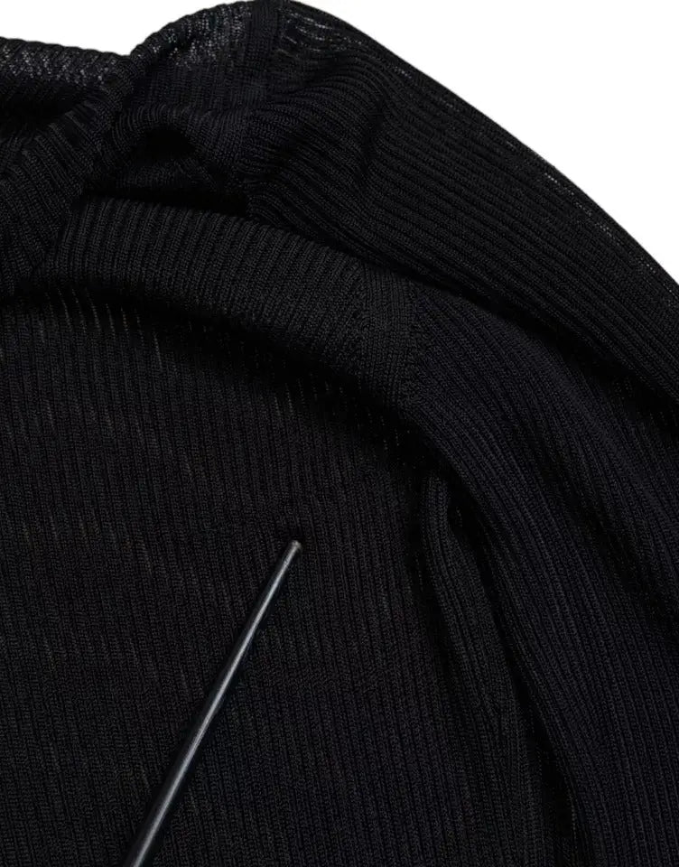 Pull over dolce & gabbana en viscose noire à col roulé avec tissu côtelé brillant et encolure froncée