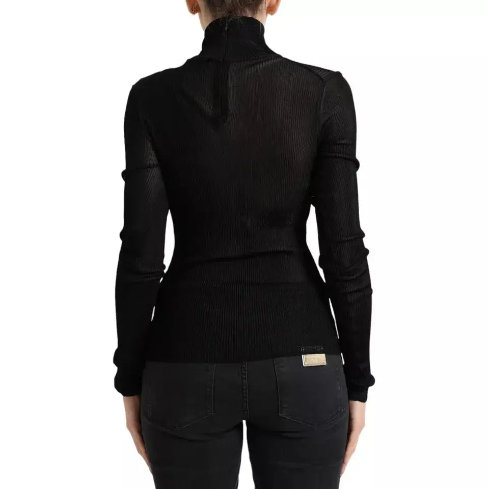 Pull noir dolce & gabbana en viscose avec col roulé et panneaux en mesh transparents aux épaules et manches