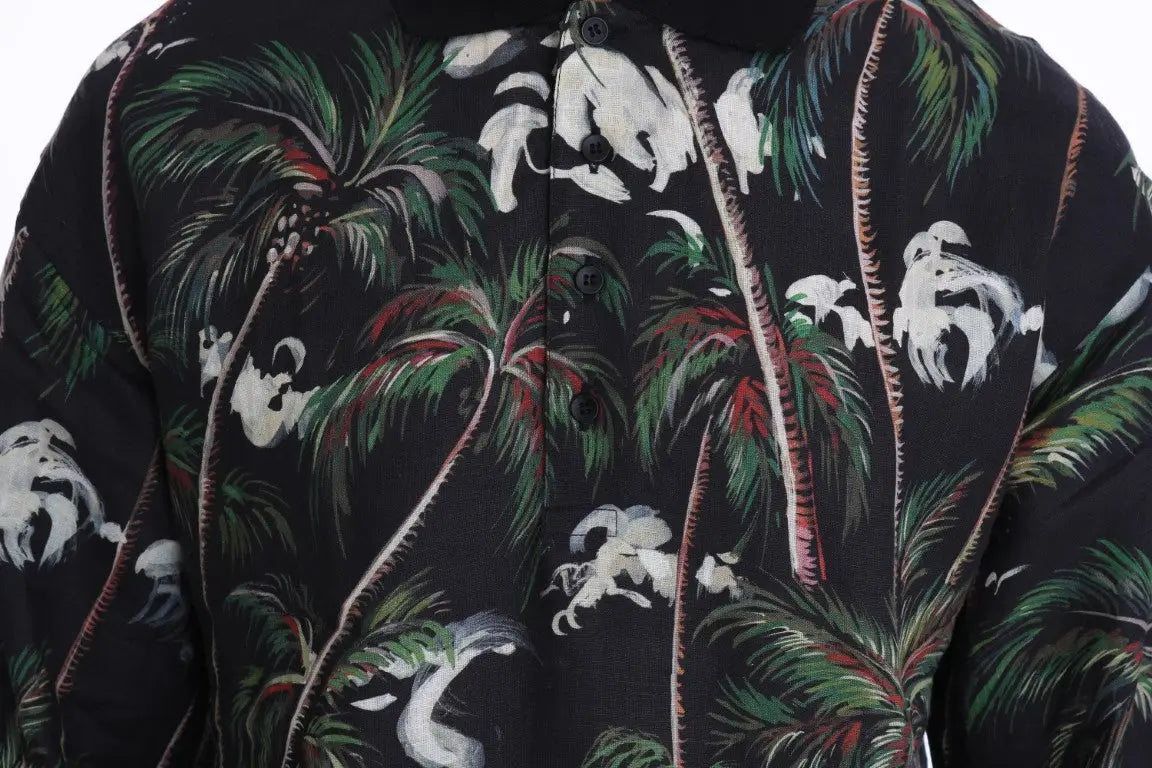 Dolce & gabbana black volcano sicily short sleeve shirt with vibrant tropical print featuring palm trees white monkeys and red foliage