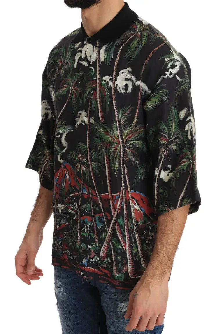 Polo noir dolce & gabbana volcano sicily à manches courtes avec imprimé palmiers tropicaux et crânes col noir contrastant