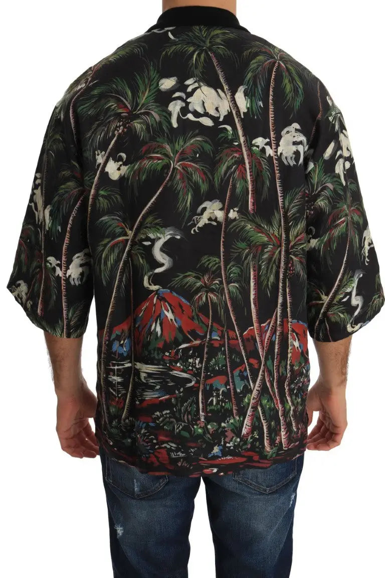Dolce & gabbana t-shirt noir volcano sicily à manches courtes avec imprimé tropical coloré de palmiers singes blancs et volcan rouge