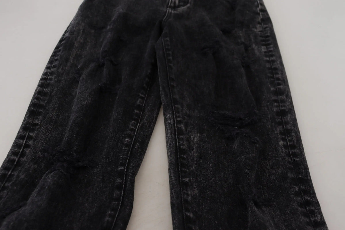 Dolce & gabbana jean denim noir délavé en coton taille haute avec effet usé et coutures visibles