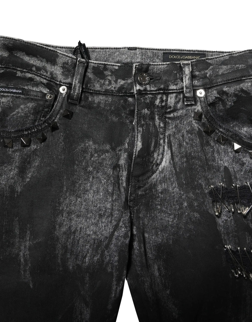 Dolce & gabbana jean skinny noir délavé en denim avec clous métalliques et épingles de sécurité embellies
