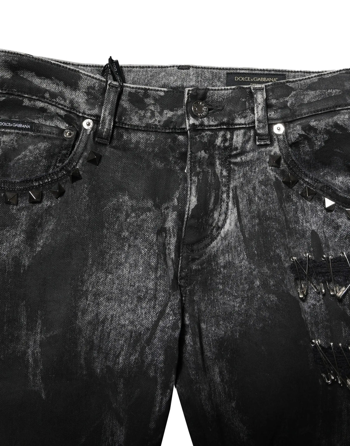 Dolce & gabbana jean skinny noir délavé en denim avec clous métalliques et épingles de sécurité embellies