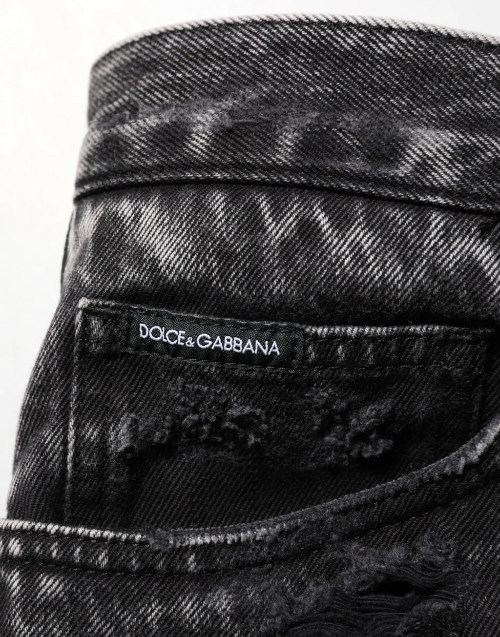 Jeans en denim noir usé et déchiré dolce gabbana en coton avec étiquette de marque cousue à la ceinture