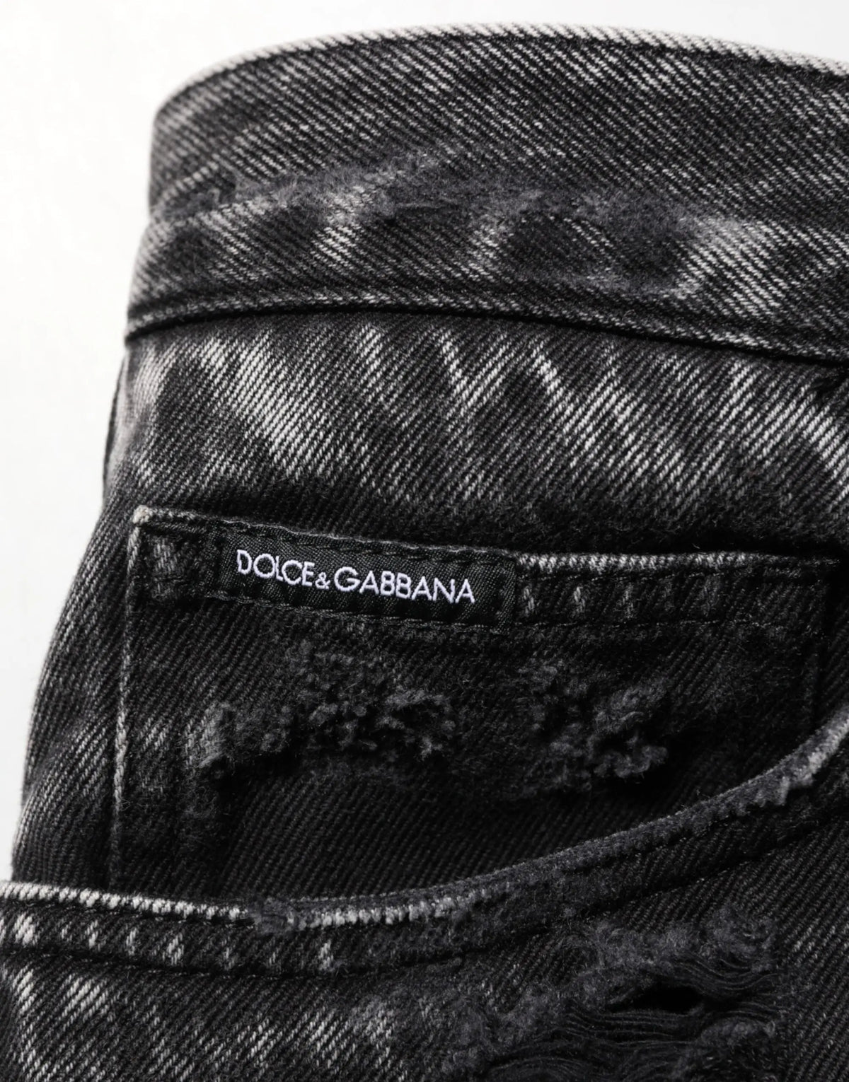 Jeans en denim noir usé et déchiré dolce gabbana en coton avec étiquette de marque cousue à la ceinture