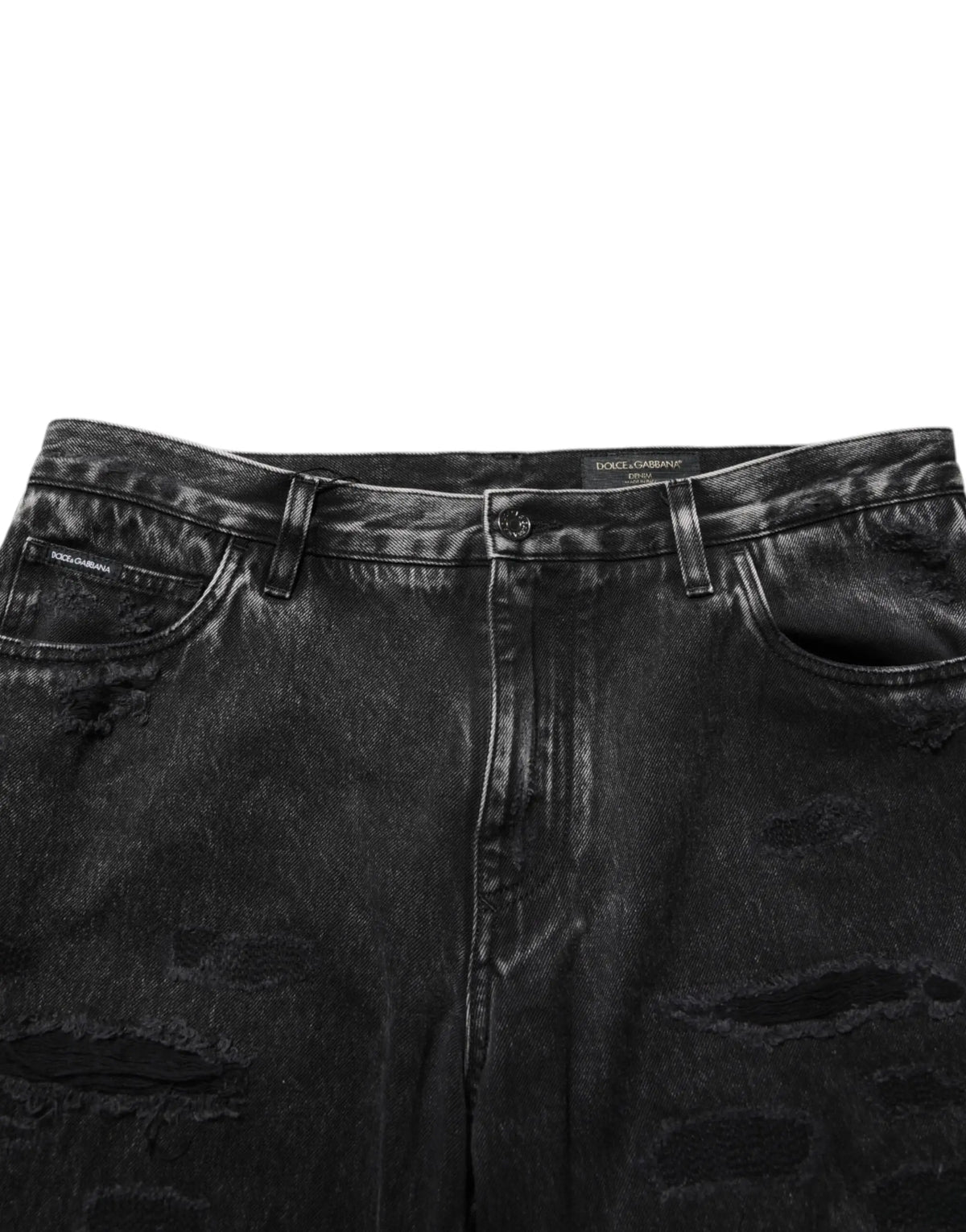 Jean denim noir délavé et déchiré en coton loose de dolce & gabbana avec effet usé et détails déchirés visibles
