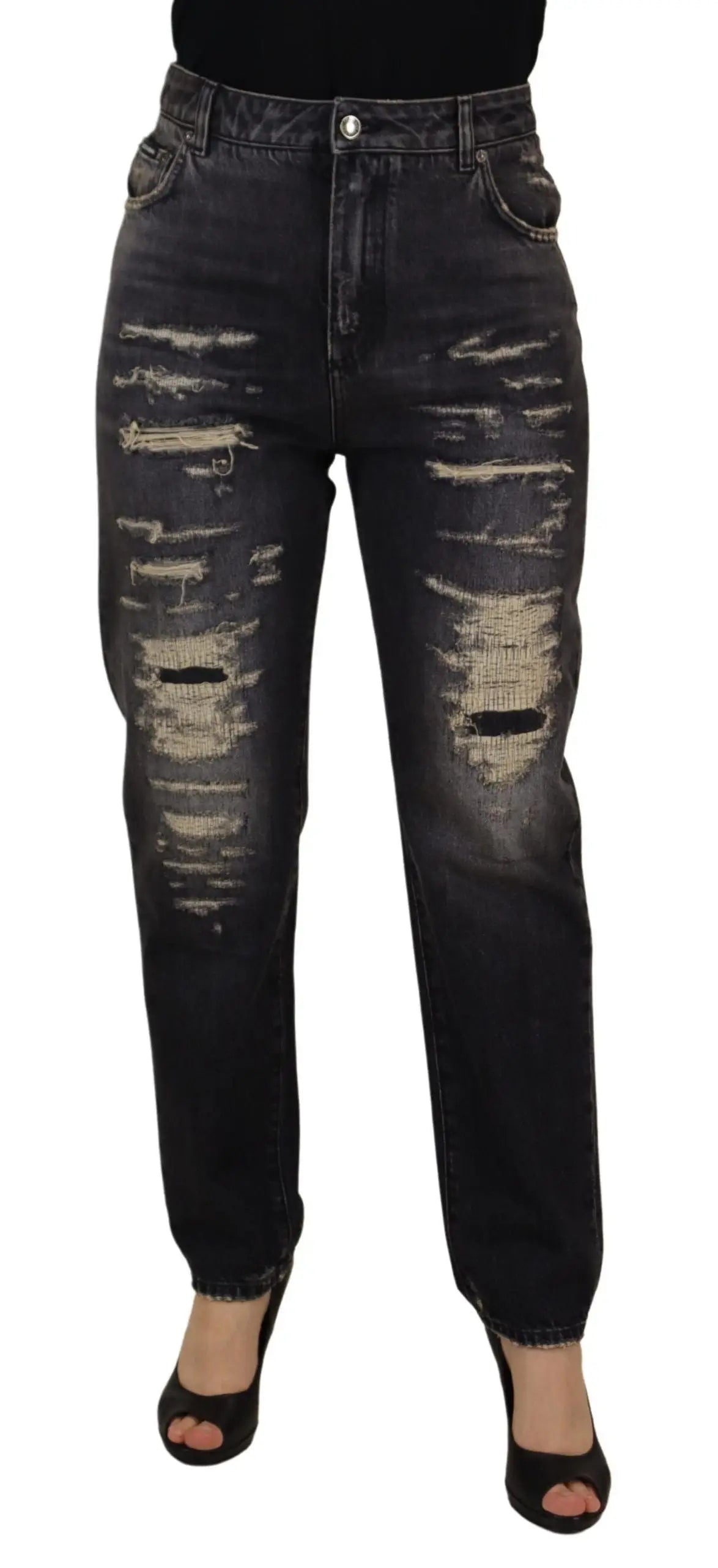 Dolce & Gabbana jean denim noir délavé taille haute avec détails déchirés et effilochés en jean