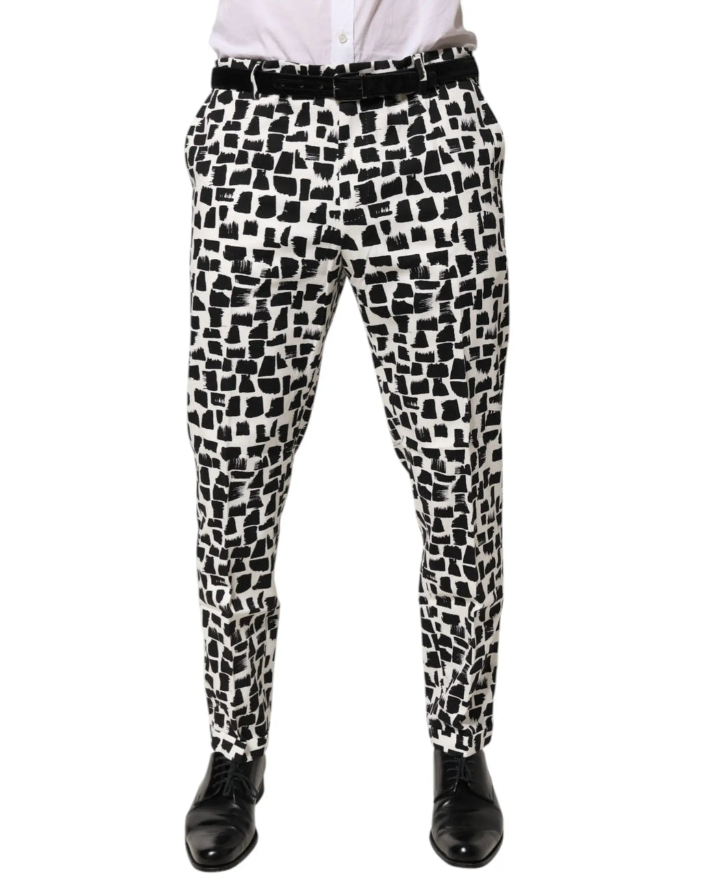 Pantalon dolce & gabbana noir et blanc à motif abstrait en mélange de coton avec coupe slim et ceinture noire