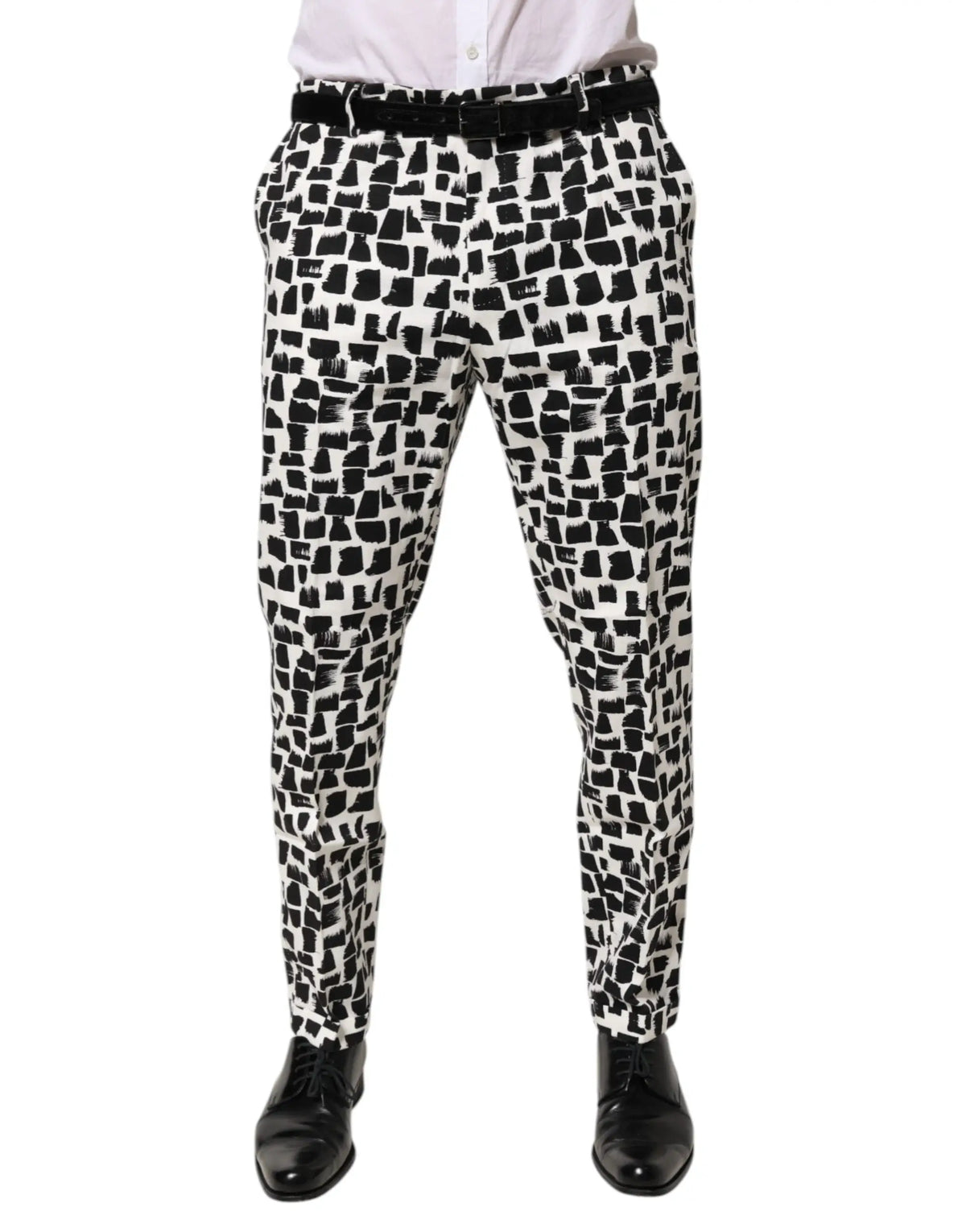 Pantalon dolce & gabbana noir et blanc à motif abstrait en mélange de coton avec coupe slim et ceinture noire