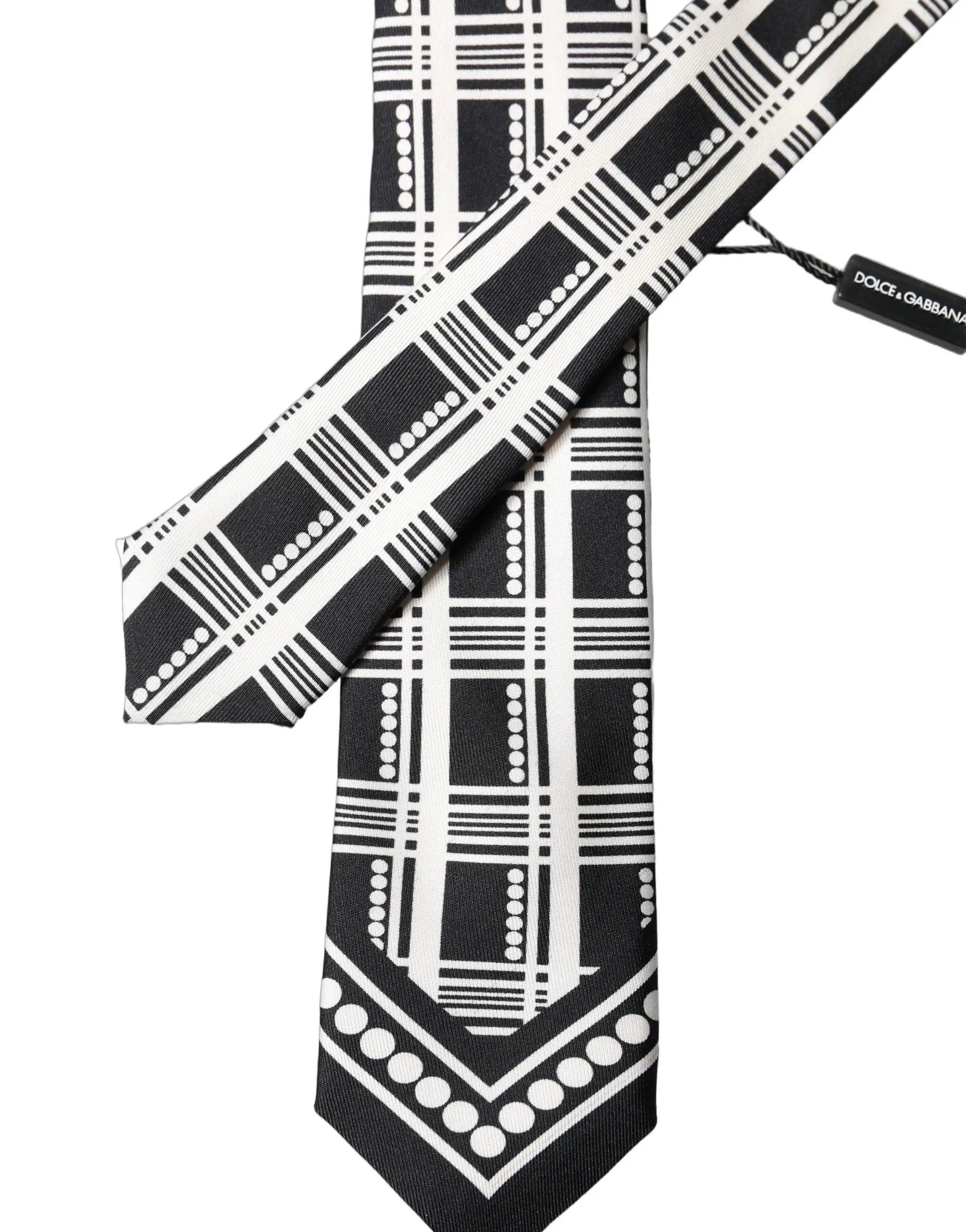 Dolce gabbana black and white abstract silk adjustable men tied necktie with bold geometric plaid and dotted accents