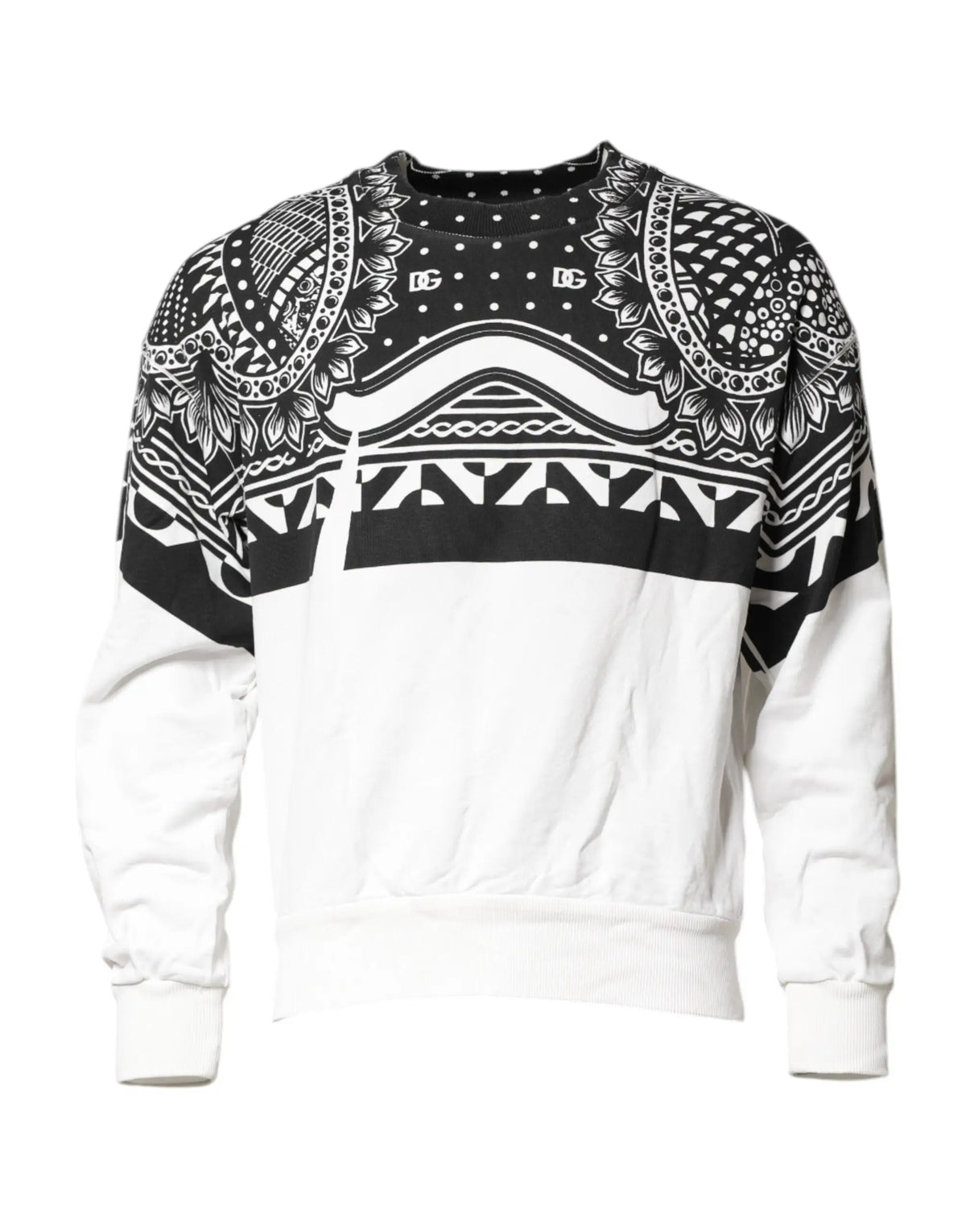 Dolce & Gabbana sweatshirt homme en coton noir et blanc avec motifs bandana géométriques et floraux et bas blanc uni