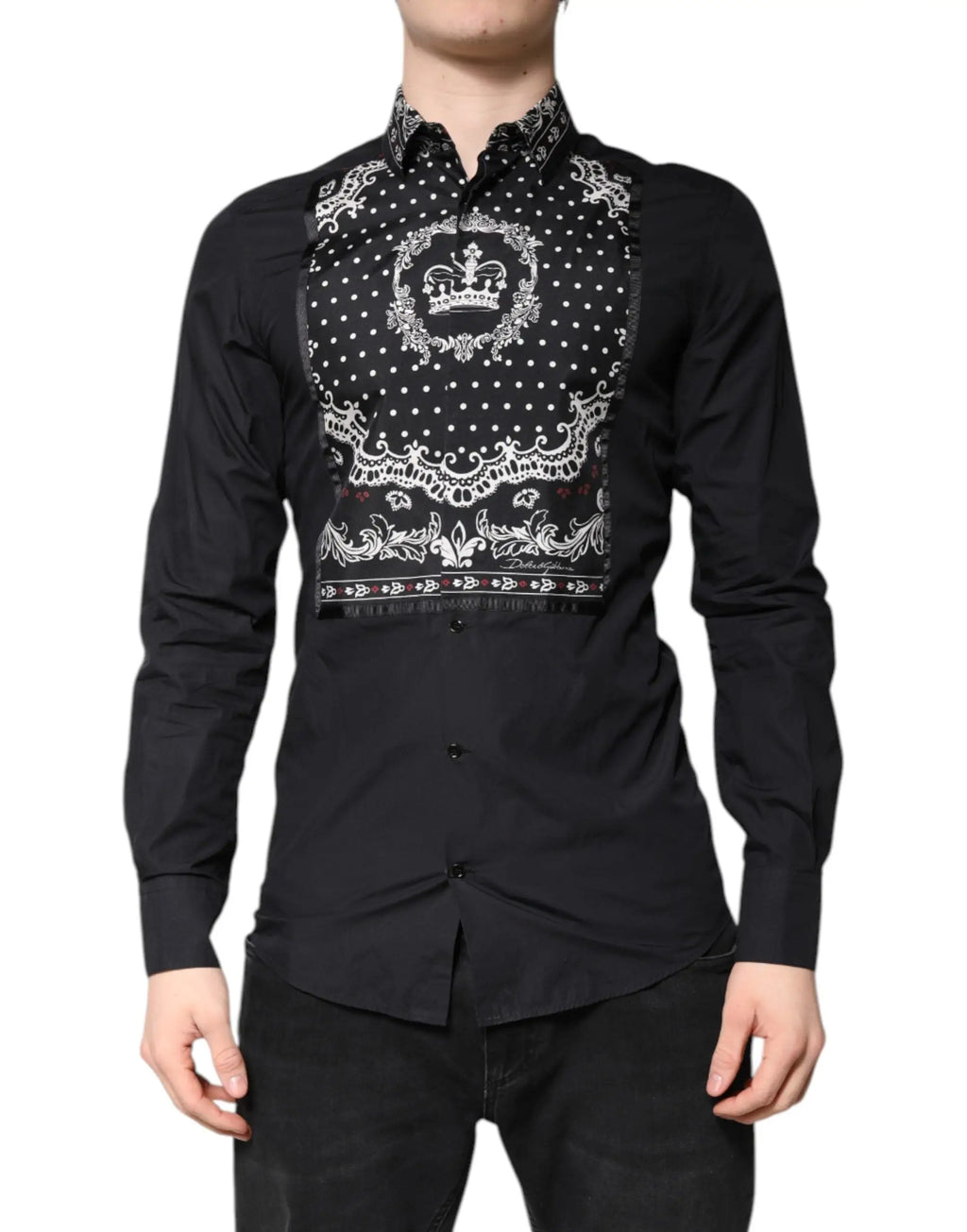 Chemise habillée dolce & gabbana noire à manches longues avec imprimé bandana blanc et motif couronne doré