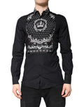 Chemise habillée dolce & gabbana noire à manches longues avec imprimé bandana blanc et motif couronne doré