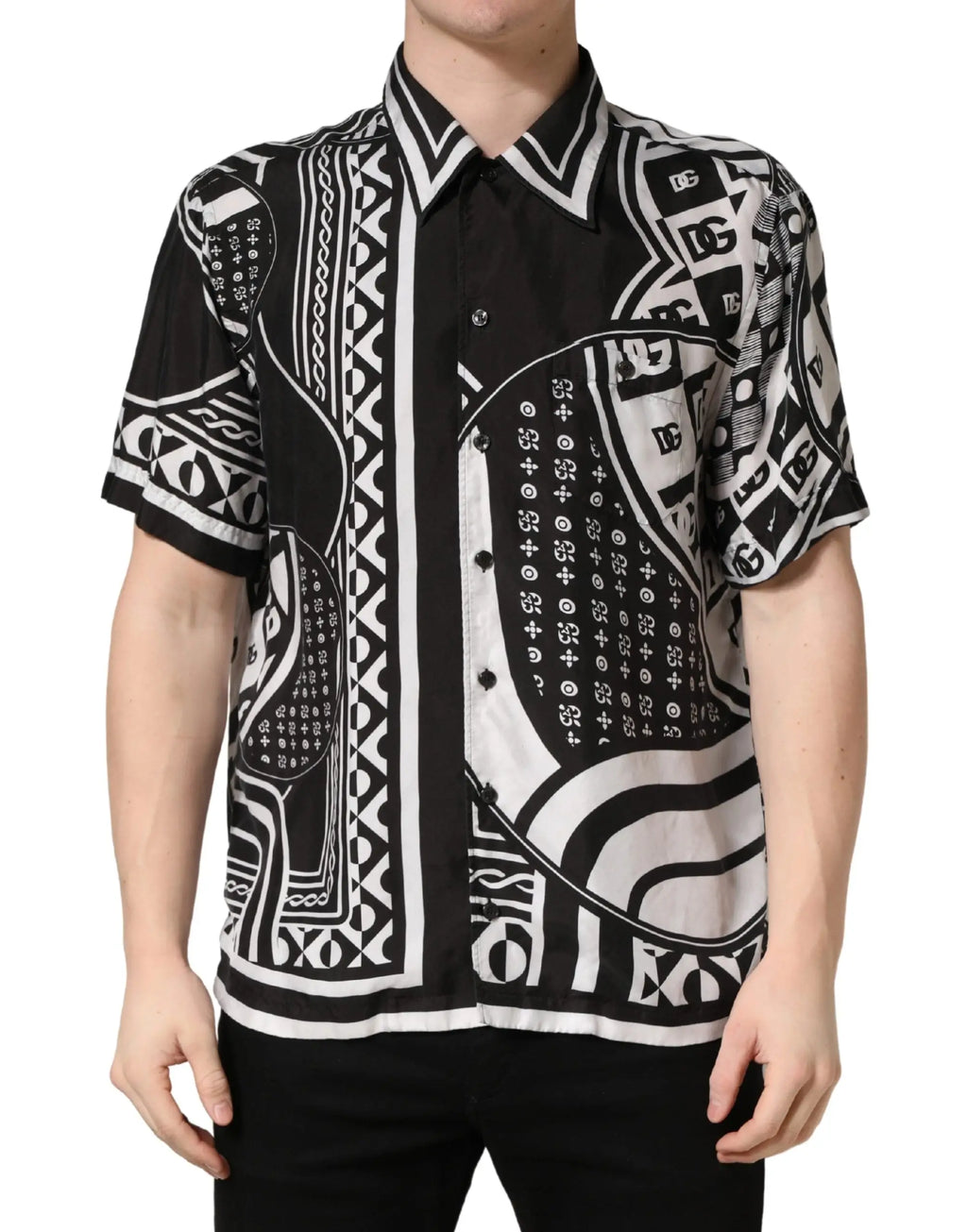 Chemise à manches courtes dolce & gabbana noire et blanche à motifs géométriques et logos dc répétés