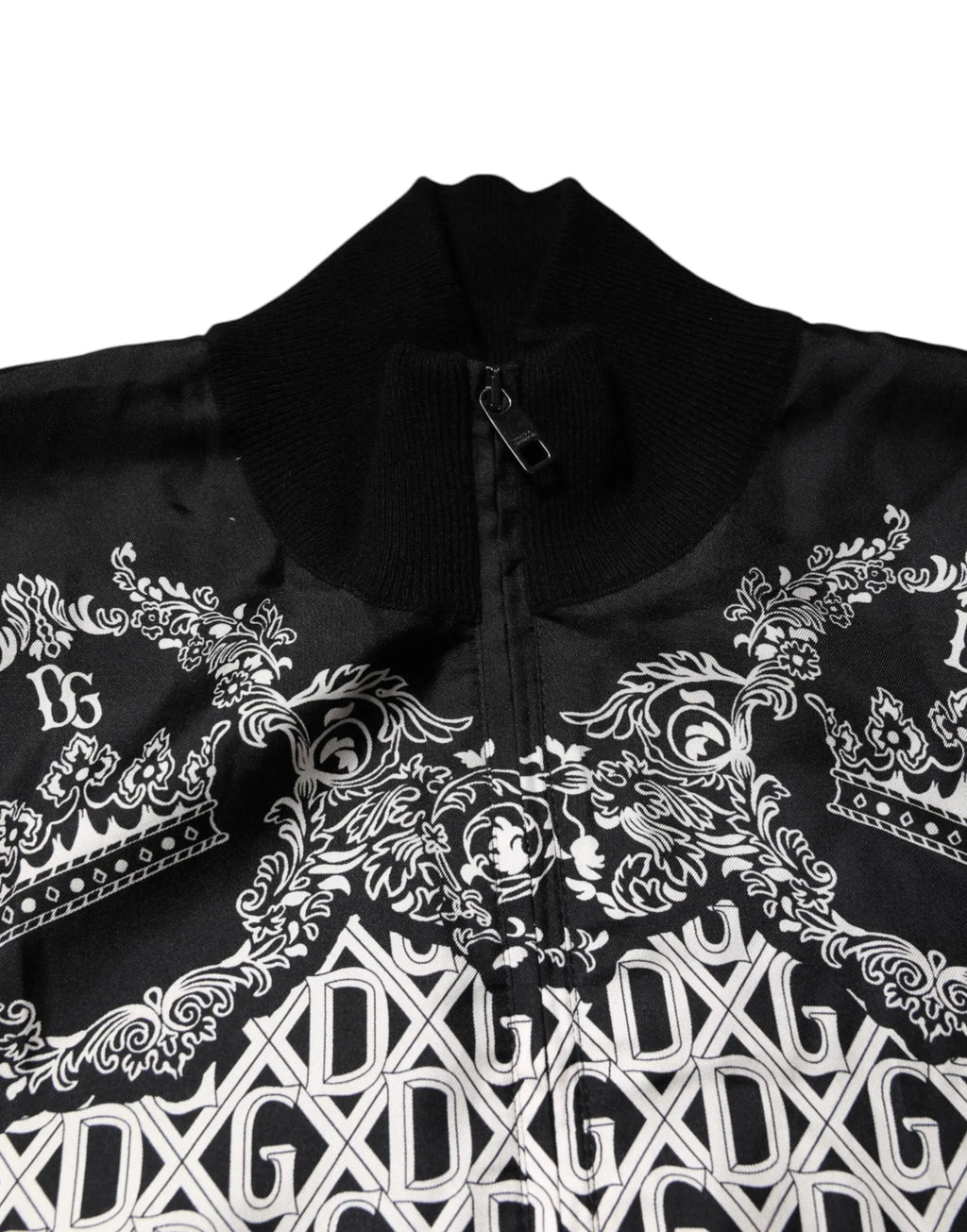 Dolce & Gabbana veste zippée noire avec motif baroque blanc dxg et couronnes style bandana