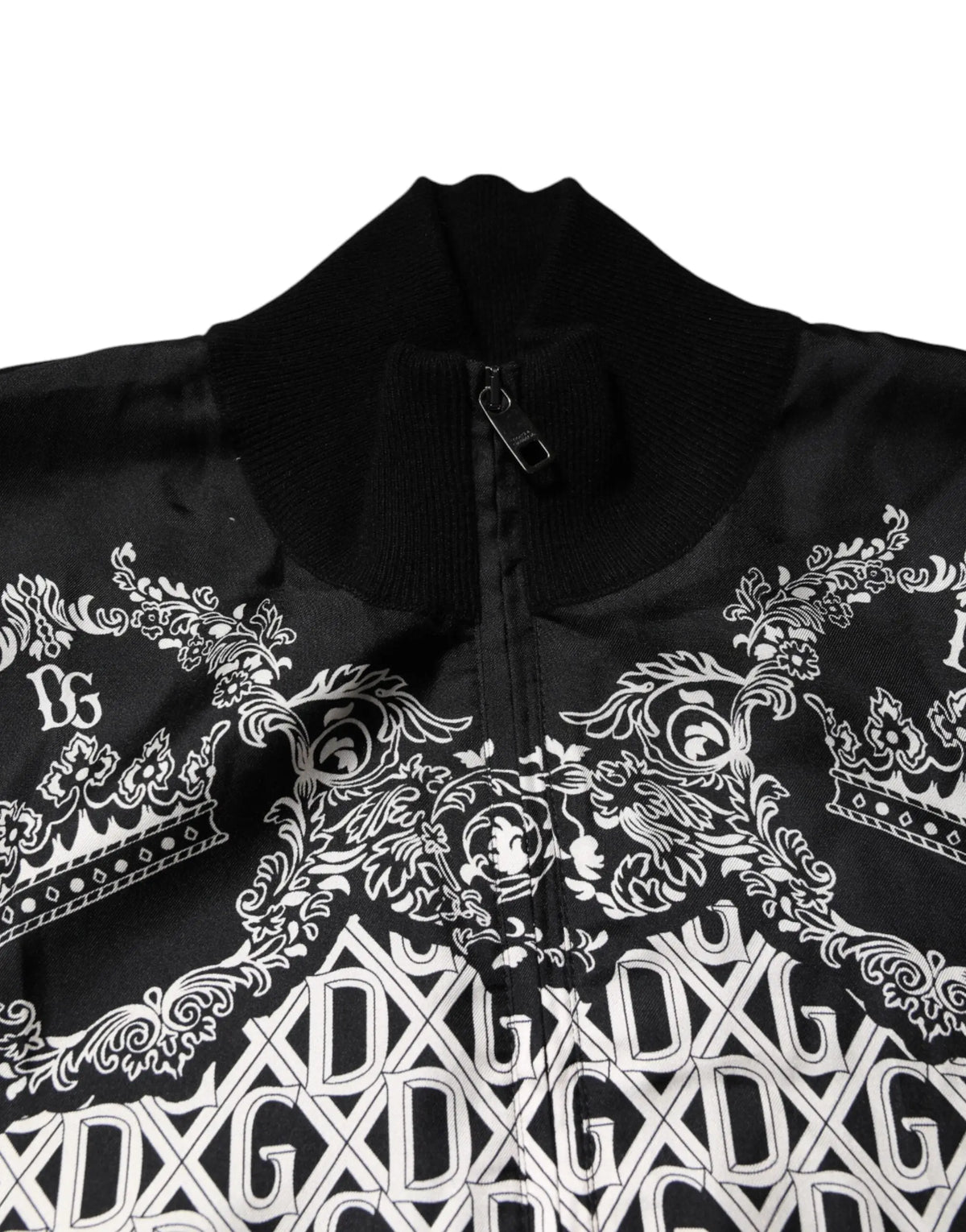 Dolce & Gabbana veste zippée noire avec motif baroque blanc dxg et couronnes style bandana