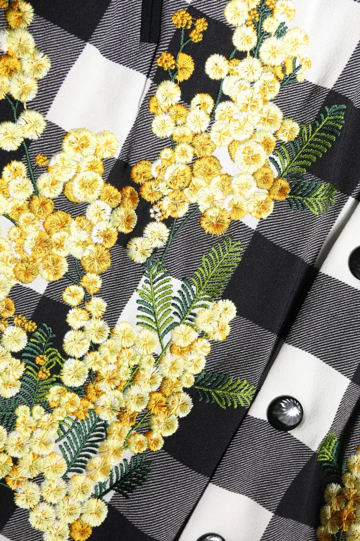 Veste dolce & gabbana noire et blanche à carreaux avec broderies de fleurs de mimosa jaunes et vertes