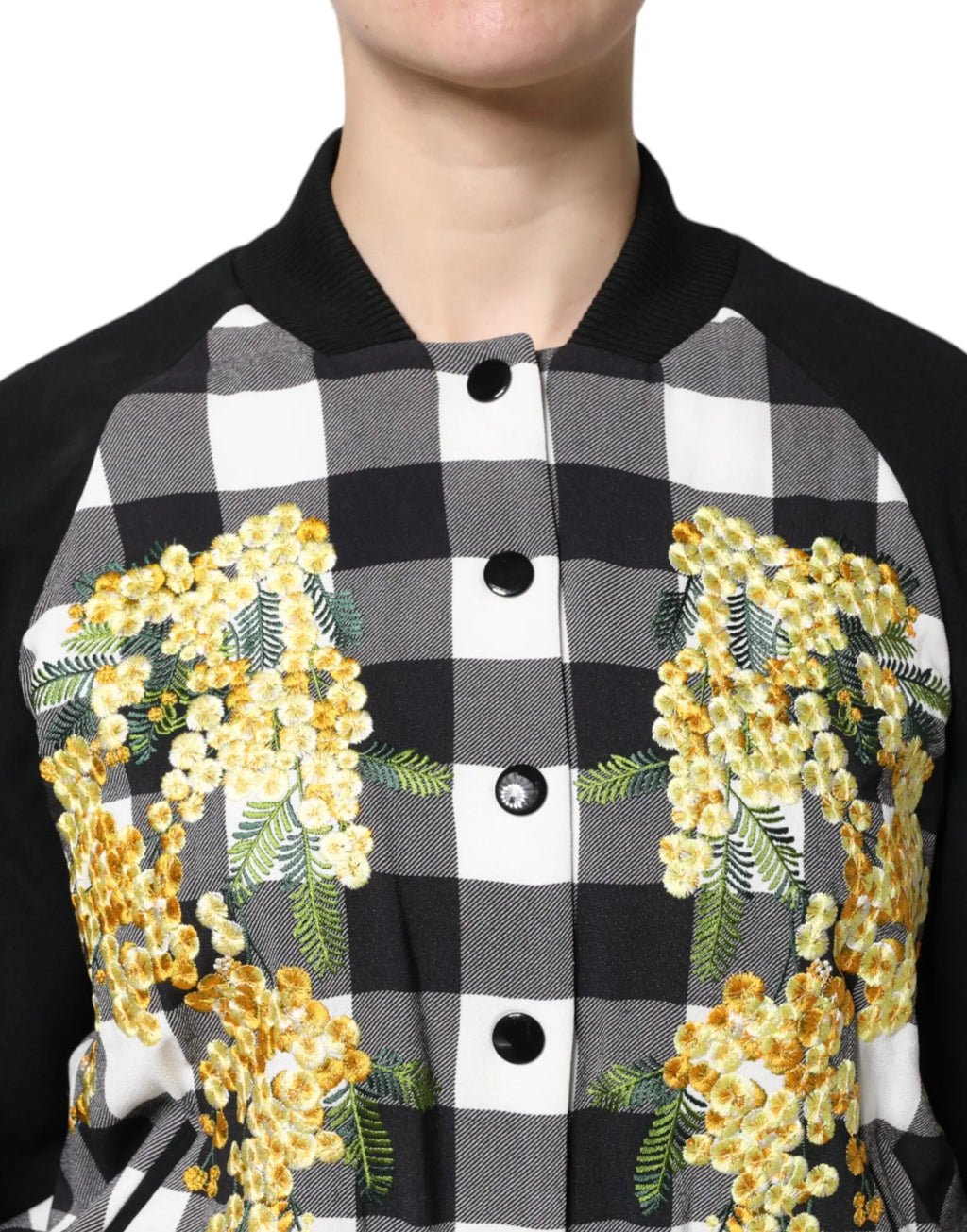 Dolce & gabbana veste bomber à carreaux noir et blanc avec broderie florale jaune sur le devant