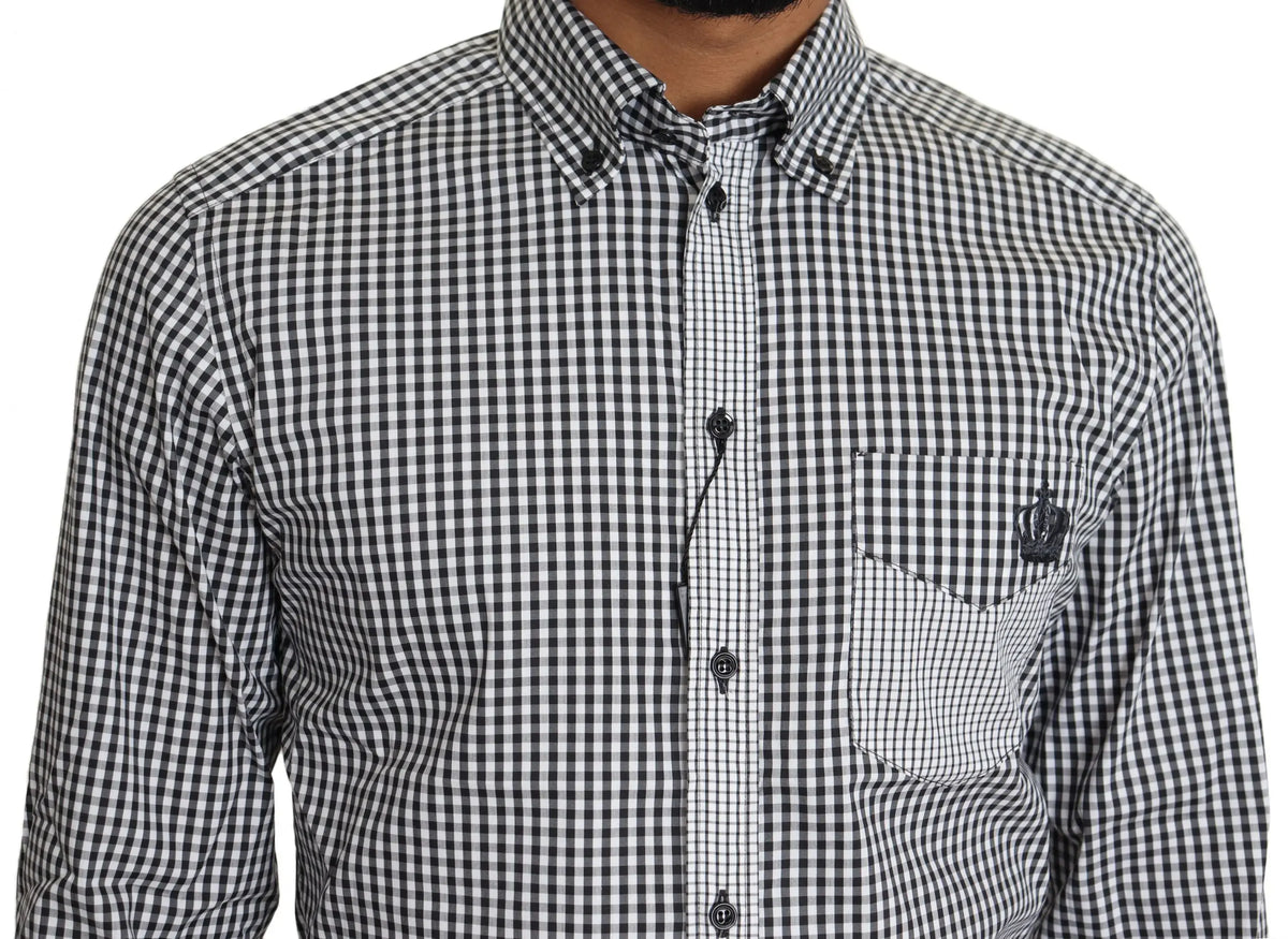 Chemise décontractée à carreaux noirs et blancs dolce gabbana avec logo couronne subtil sur la poche poitrine