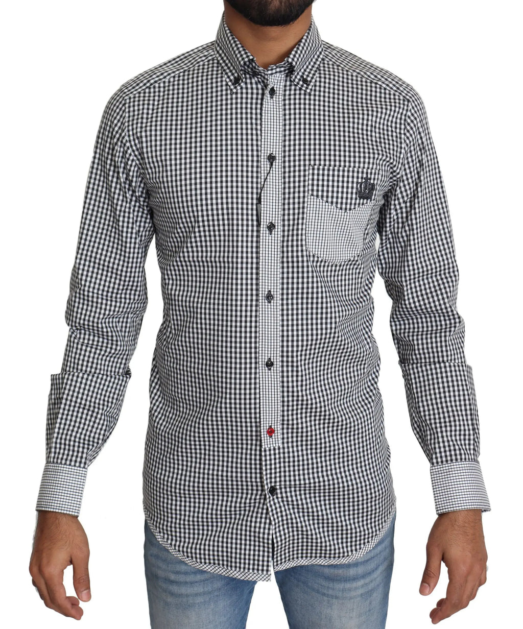 Dolce & Gabbana chemise décontractée à manches longues noire et blanche à carreaux gingham avec logo brodé subtil