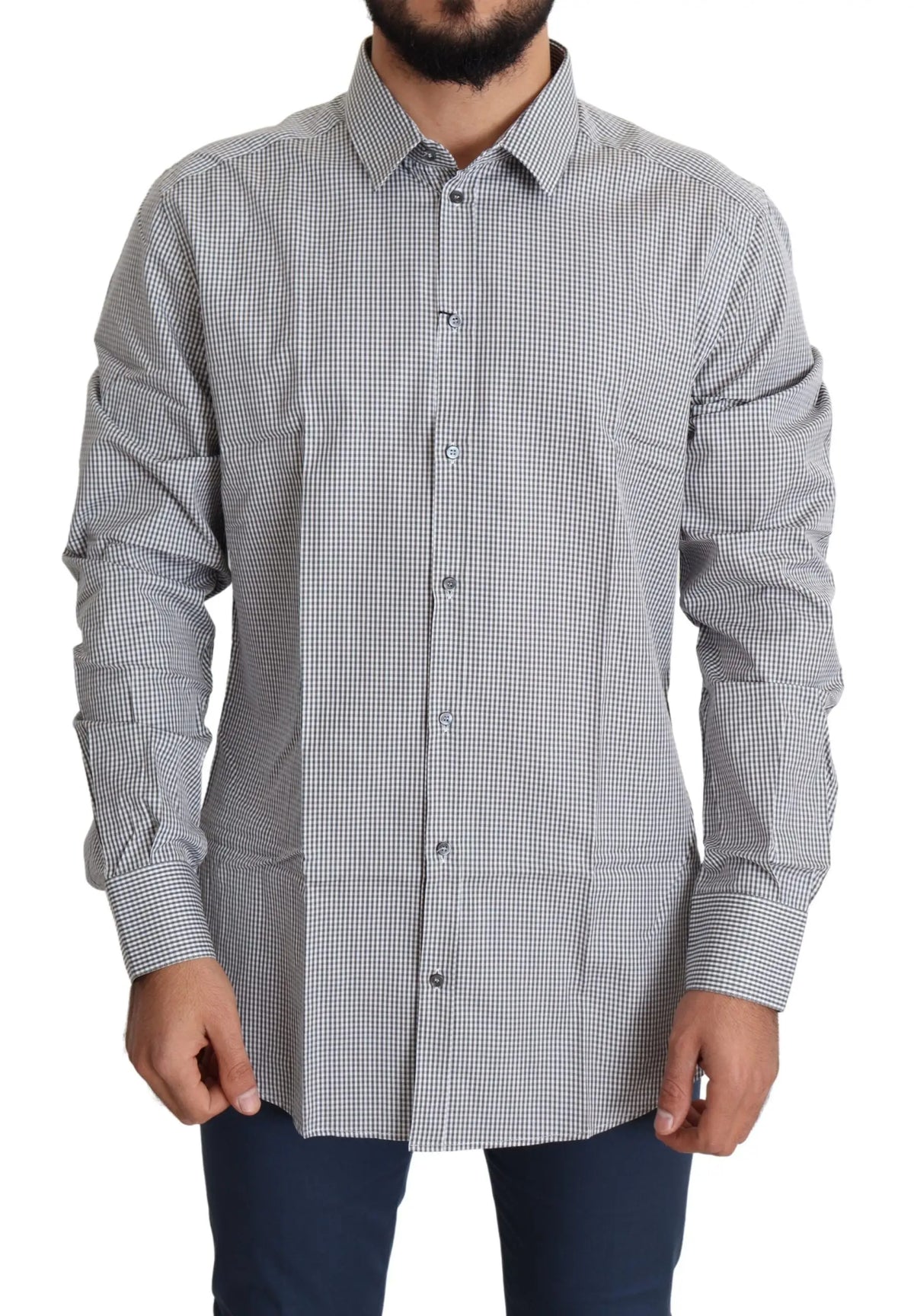 Chemise homme à manches longues dolce gabbana noire et blanche à carreaux en coton gold avec col classique et poignets
