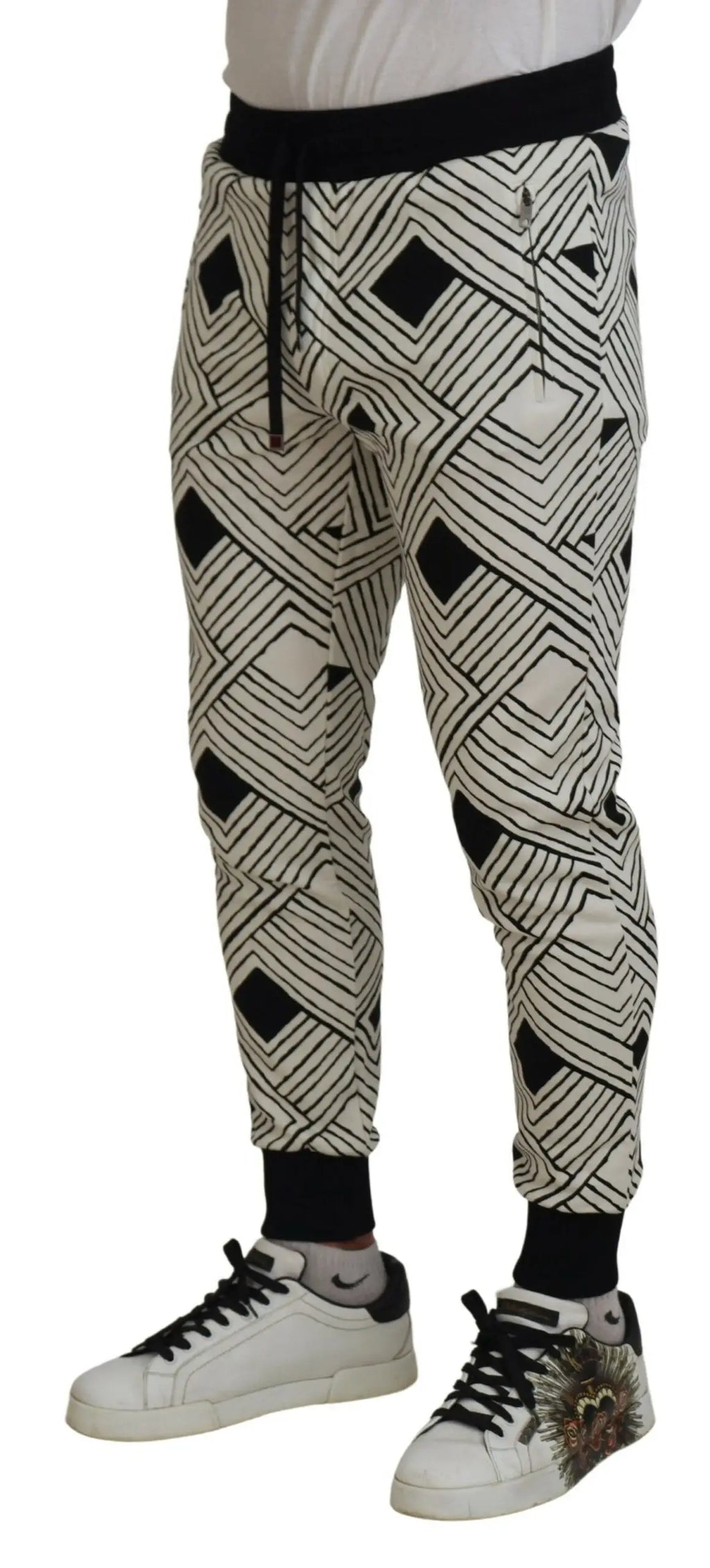 Dolce & gabbana pantalons de sport en coton noirs et blancs avec motif géométrique et taille élastique noire