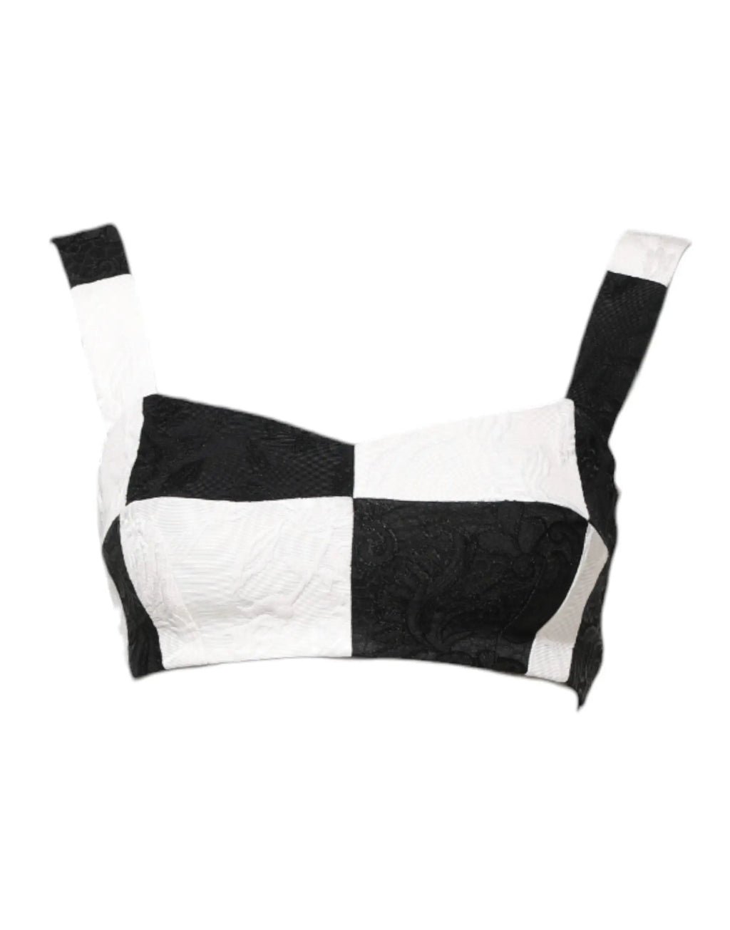 Dolce & gabbana crop top corset noir et blanc avec patchwork de dentelle contrastée et tissus texturés