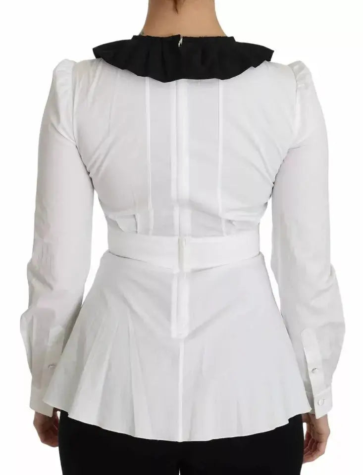 Blouse blanche à manches longues dolce & gabbana avec col volanté noir et bas plissé style peplum