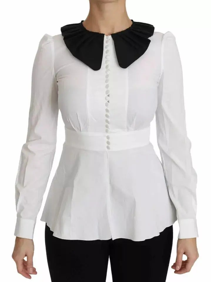 Blouse blanche à manches longues dolce & gabbana avec col à volants noir, boutons décoratifs et bas peplum ajusté