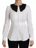 Blouse blanche à manches longues dolce & gabbana avec col à volants noir, boutons décoratifs et bas peplum ajusté
