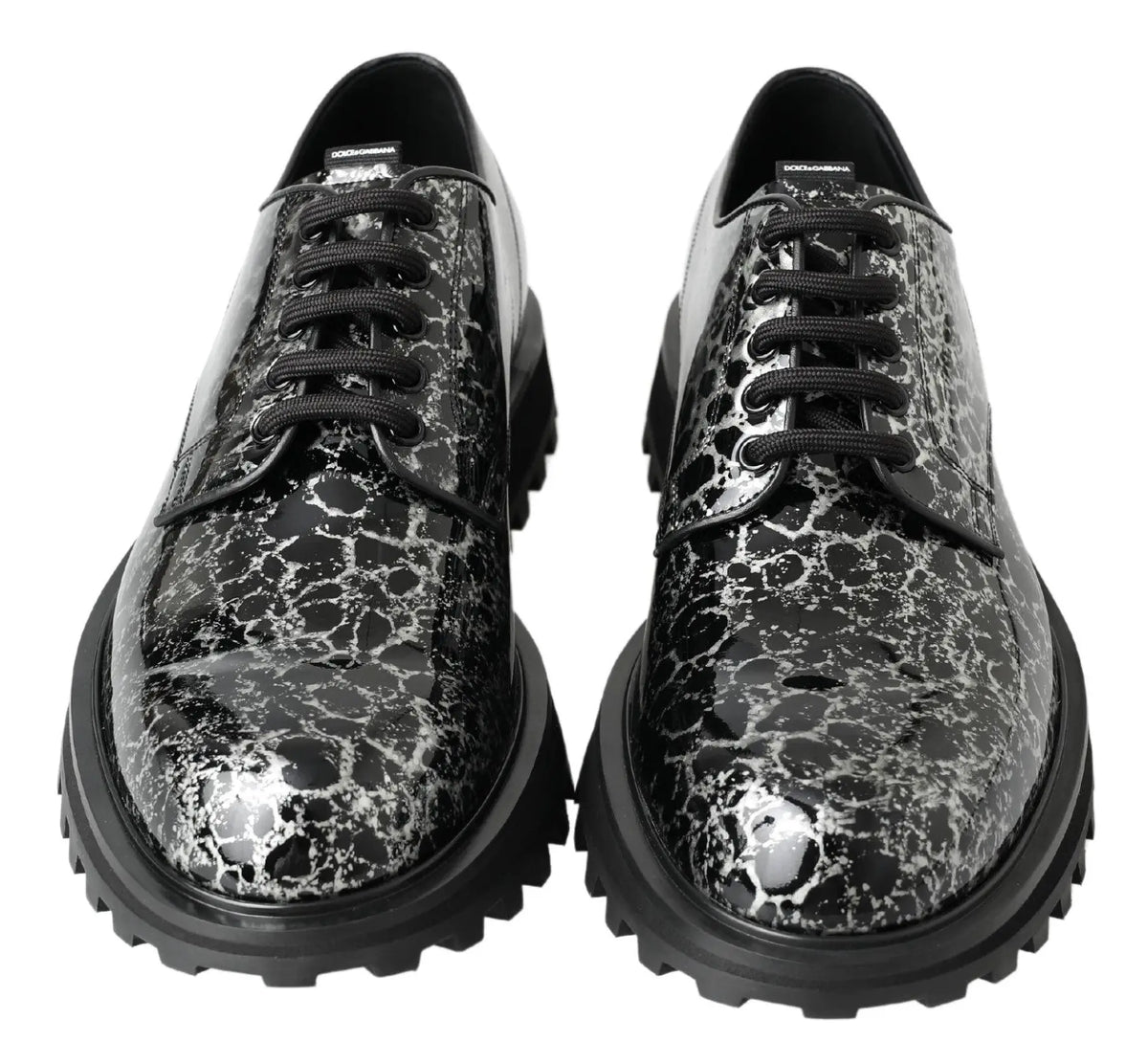 Derby dolce & gabbana en cuir verni marbré noir et argent avec semelles en caoutchouc épaisses