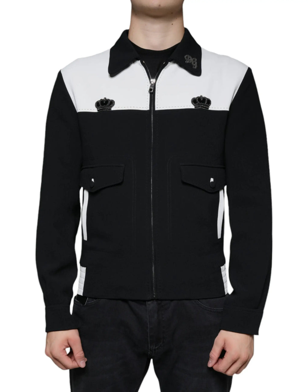 Veste zippée dolce & gabbana noire et blanche avec broderie de couronnes sur la poitrine et le col, design color-block contrasté