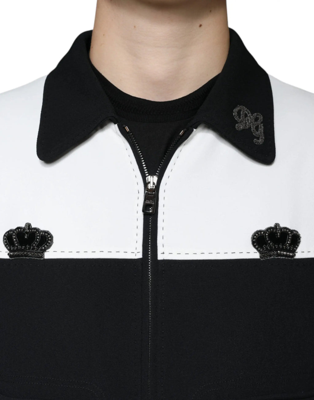 Dolce & Gabbana blouson zip noir et blanc avec couronnes brodées et logo dg sur le col