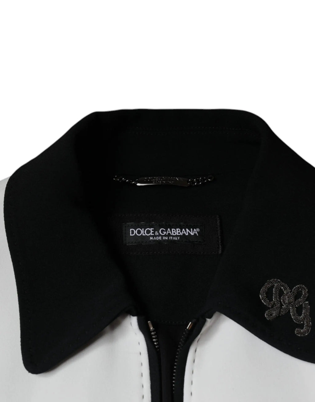 Veste dolce gabbana noire et blanche avec col noir et broderie argentée dg crown fermeture éclair intégrale