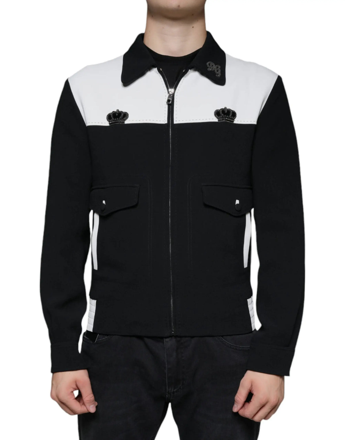Veste dolce & gabbana noire et blanche zippée avec broderies de couronnes sur poitrine et col design colorblock