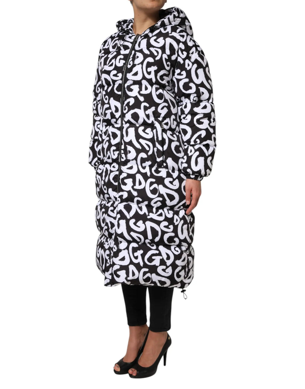 Manteau long matelassé à capuche dolce & gabbana noir et blanc avec motif logo graffitis répétitifs en g
