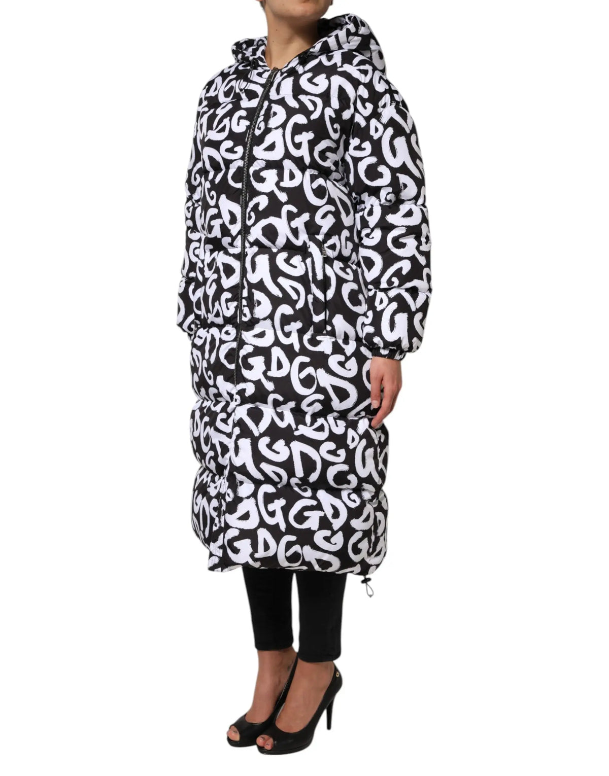 Manteau long matelassé à capuche dolce & gabbana noir et blanc avec motif logo graffitis répétitifs en g