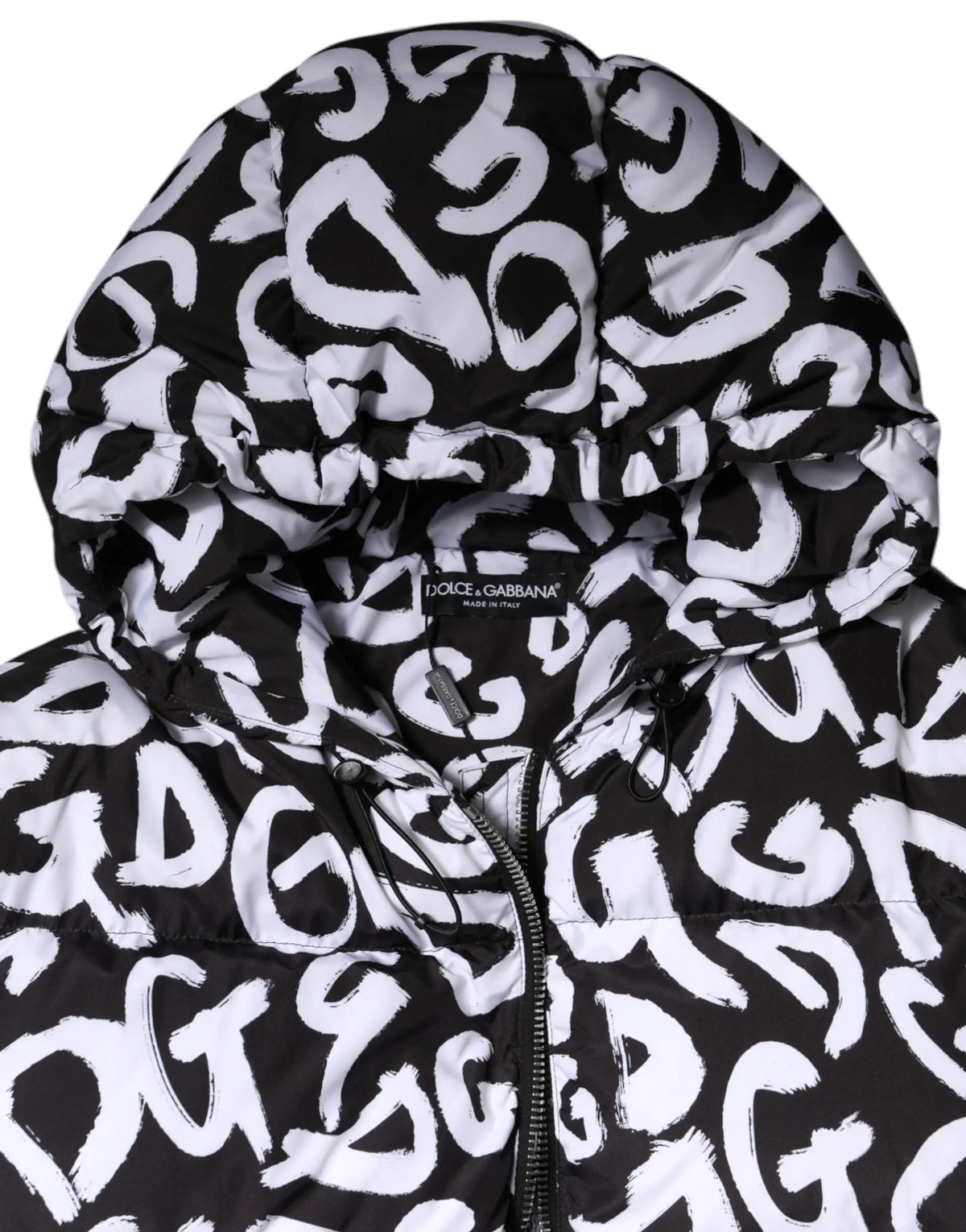 Dolce & Gabbana manteau long noir avec capuche en duvet et logo graffiti blanc dg avec fermeture éclair avant