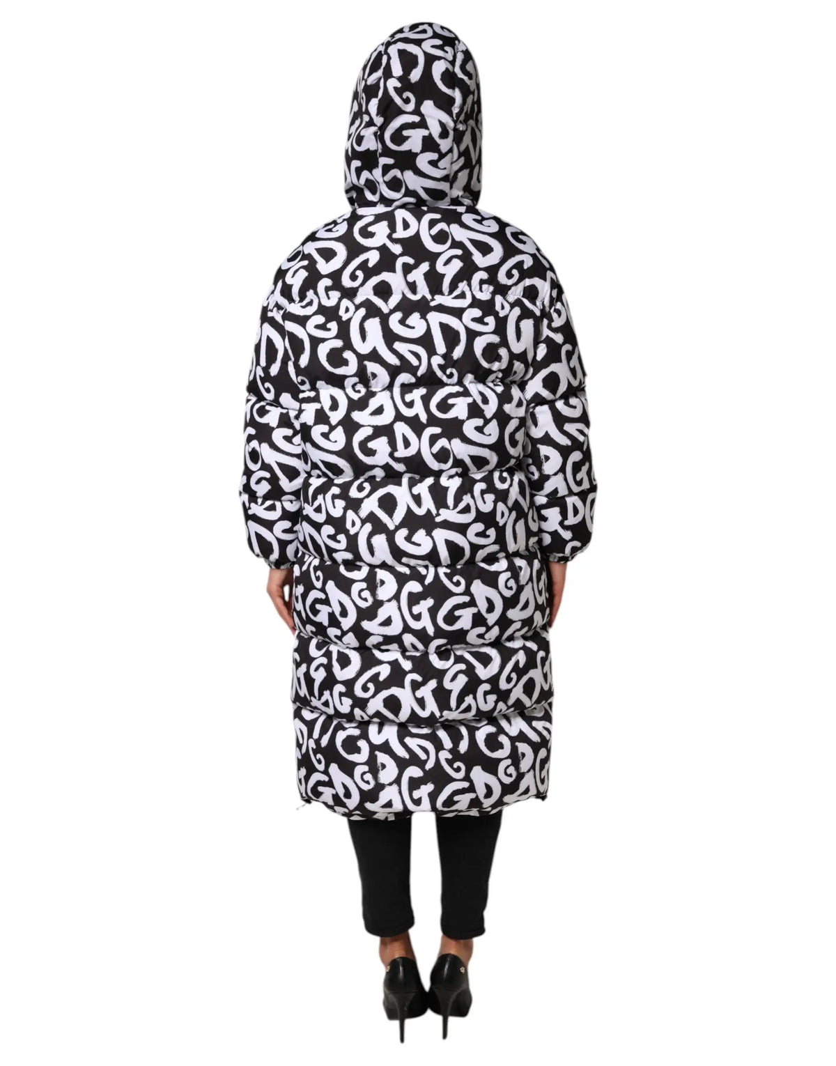 Manteau long à capuche dolce gabbana noir blanc avec motif logo dg graffiti sur tissu matelassé