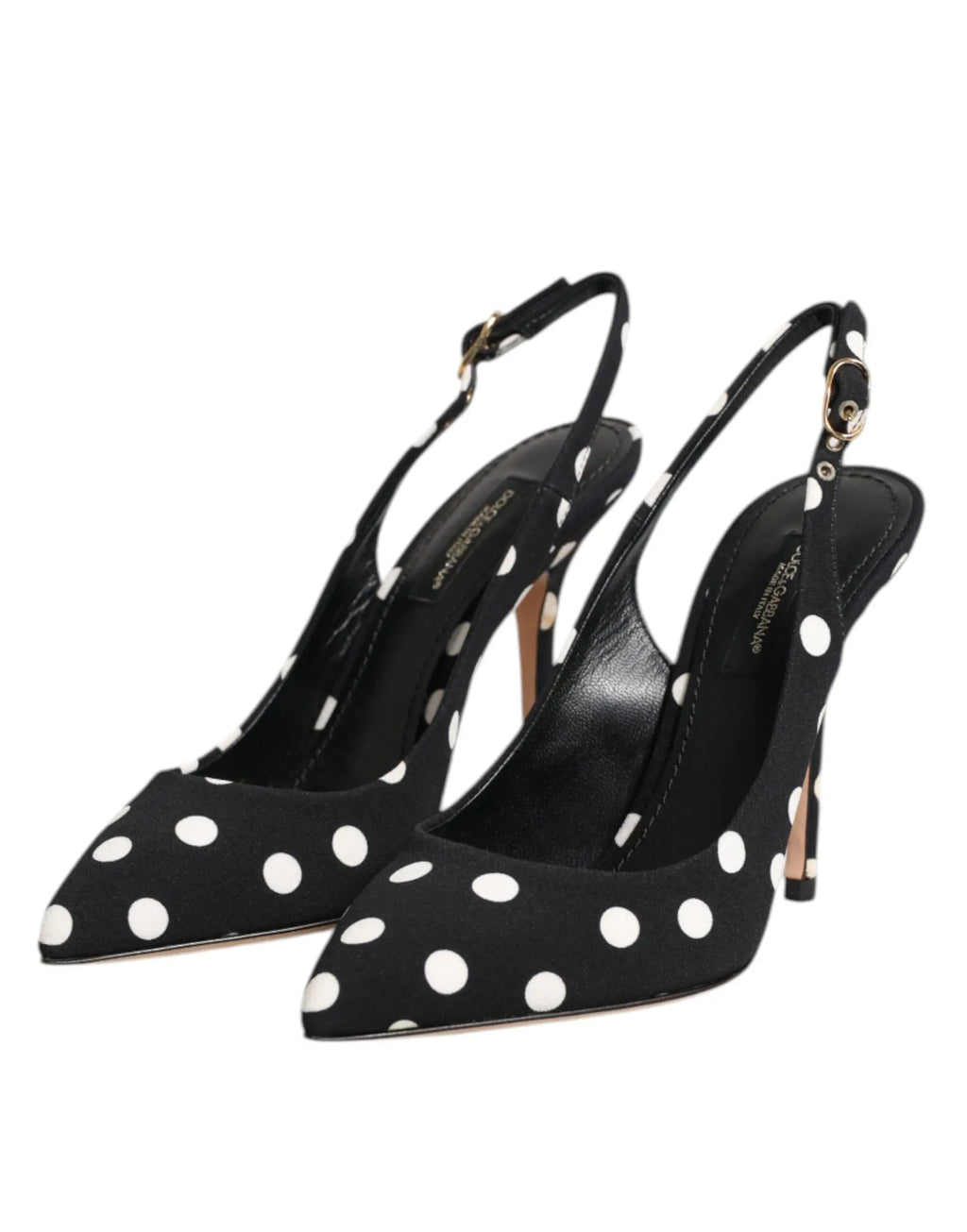 Dolce gabbana escarpins à bride arrière noirs à pois blancs avec talons aiguilles et détails dorés