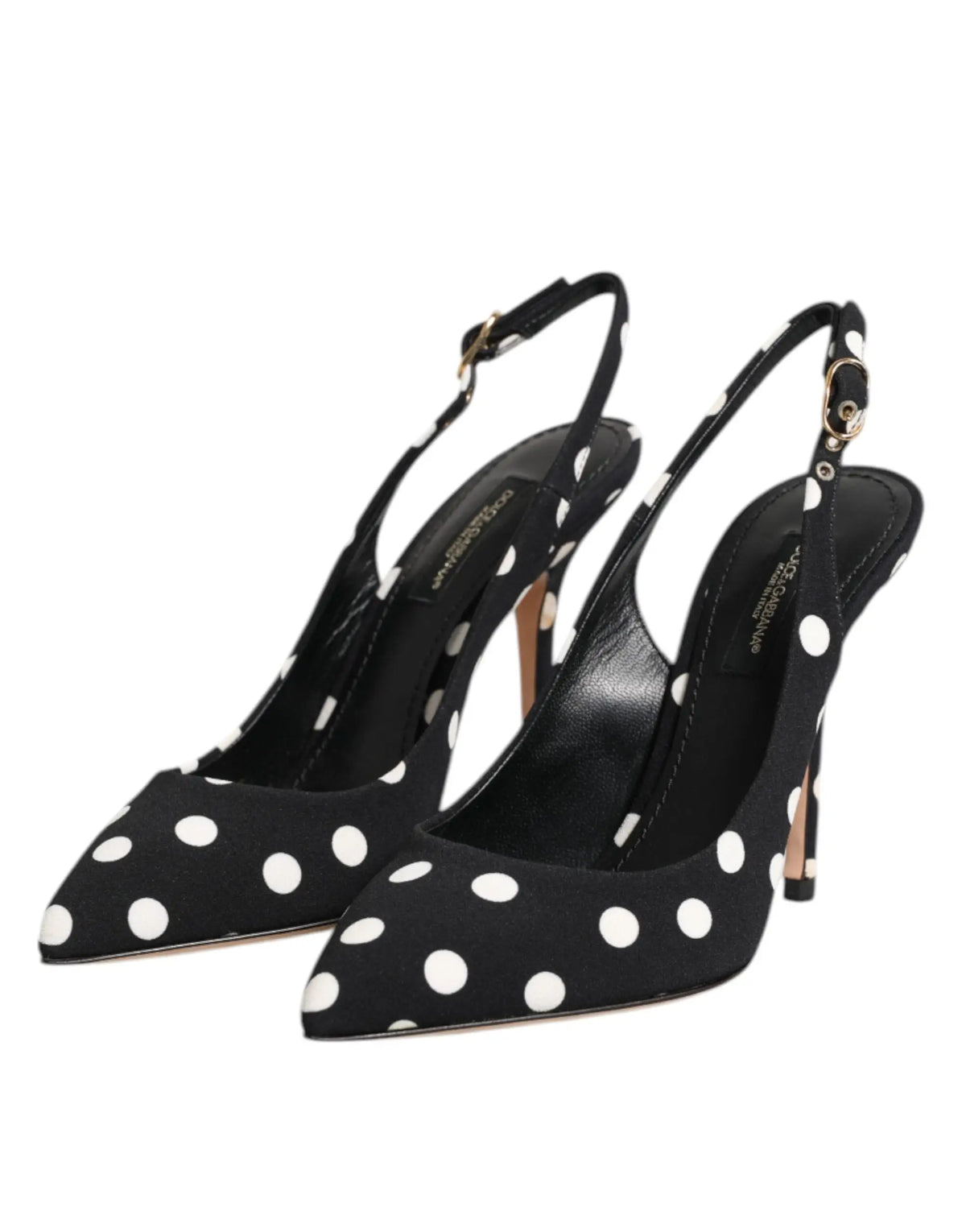 Dolce gabbana escarpins à bride arrière noirs à pois blancs avec talons aiguilles et détails dorés