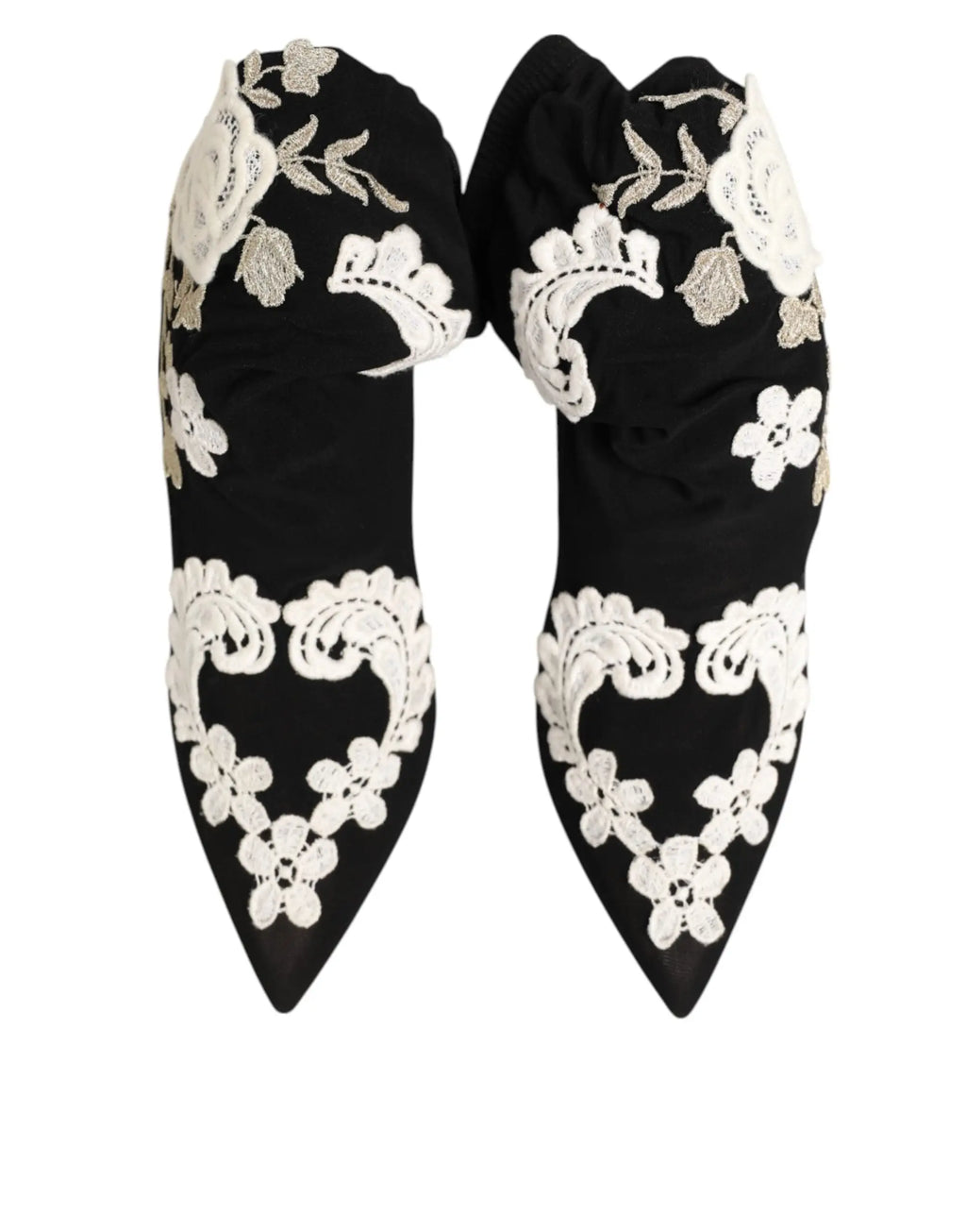 Dolce & gabbana bottines stilettos en jersey noir avec broderie florale blanche délicate