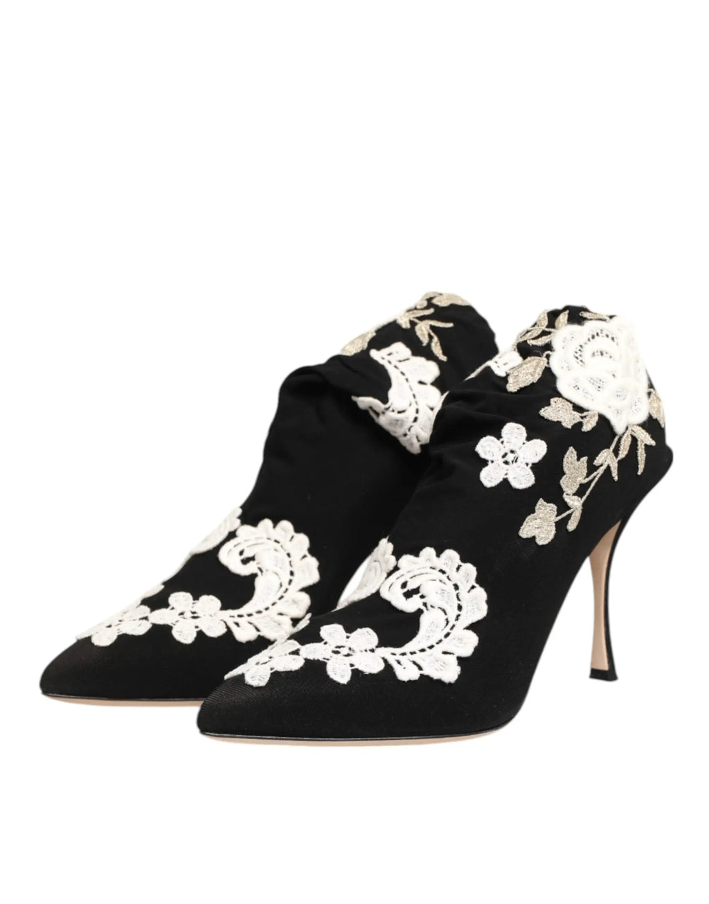 Dolce & gabbana bottines noires en jersey brodées de dentelle blanche et fils dorés avec talons aiguilles en daim
